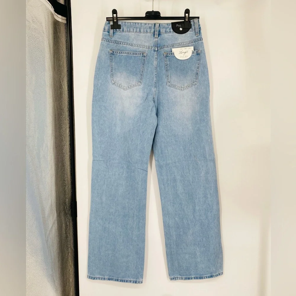 Blue High Waist Ripped Distressed Wide Leg Jeans Denim Pants - Picture 10 of 11